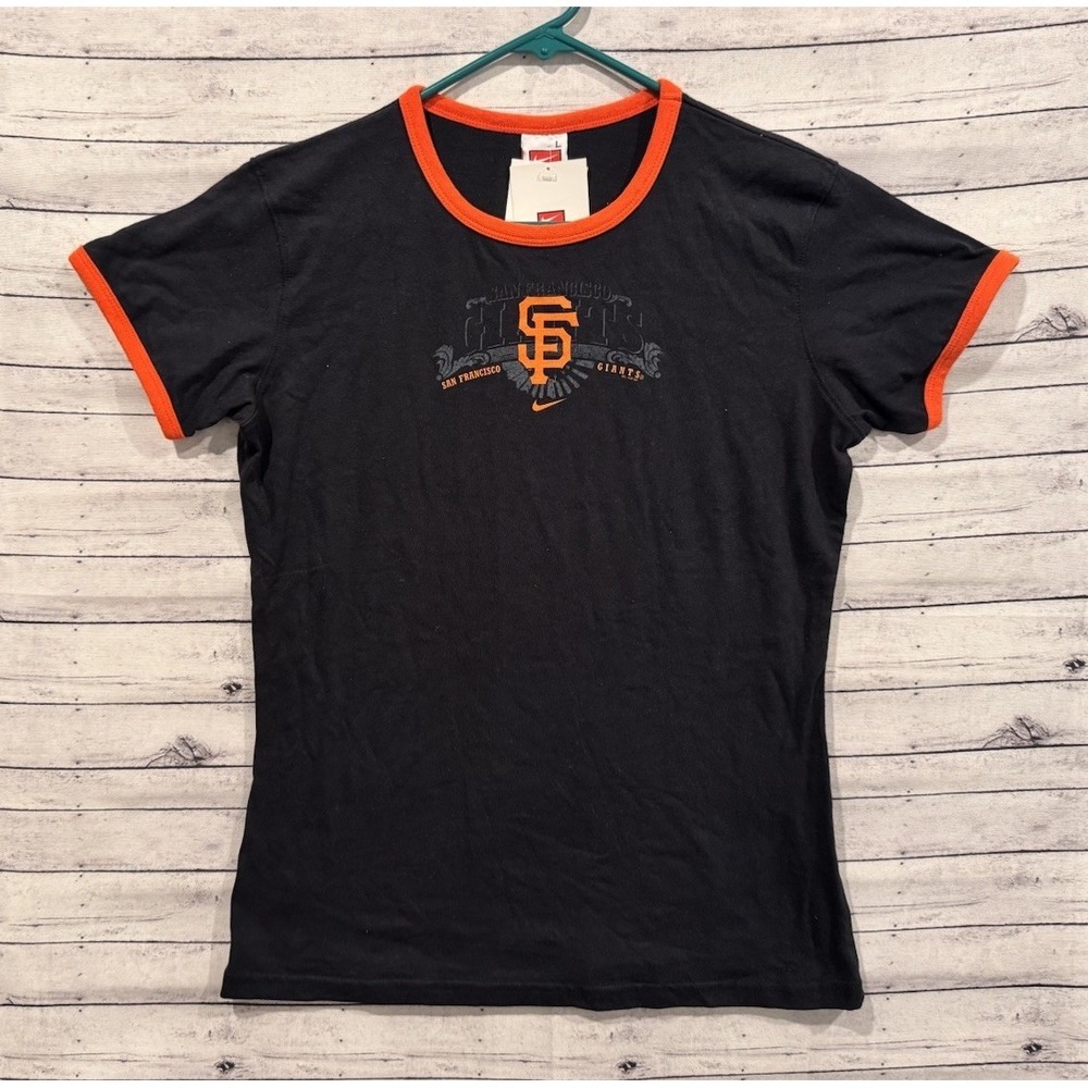 VTG San Francisco Giants Womens Ringer Shirt L Black Spellout Y2K Baseball NEW